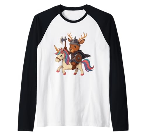 Wikinger Hirsch reitet EIN Einhorn Jungen Mädchen Männer Frauen Kinder Erwachsene Raglan von Viking Deer Riding A Unicorn Rainbow Shop