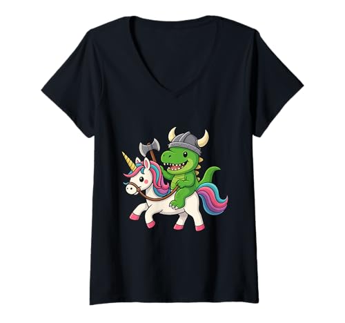Damen Wikinger Dinosaurier T. Rex reitet EIN Einhorn Jungen Mädchen Frauen Kind T-Shirt mit V-Ausschnitt von Viking Dinosaur T. Rex Riding A Unicorn Rainbow