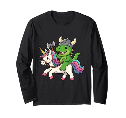 Wikinger Dinosaurier T. Rex reitet EIN Einhorn Jungen Mädchen Frauen Kind Langarmshirt von Viking Dinosaur T. Rex Riding A Unicorn Rainbow
