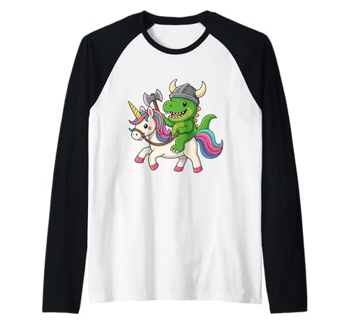 Wikinger Dinosaurier T. Rex reitet EIN Einhorn Jungen Mädchen Frauen Kind Raglan von Viking Dinosaur T. Rex Riding A Unicorn Rainbow