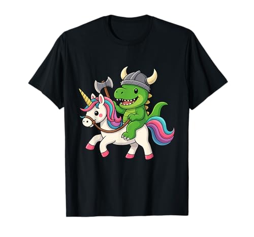 Wikinger Dinosaurier T. Rex reitet EIN Einhorn Jungen Mädchen Frauen Kind T-Shirt von Viking Dinosaur T. Rex Riding A Unicorn Rainbow
