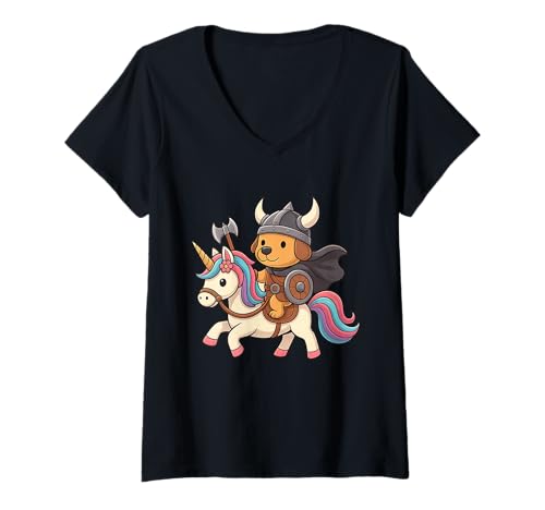 Damen Wikinger Hund reitet EIN Einhorn Jungen Mädchen Männer Frauen Kinder Erwachsene T-Shirt mit V-Ausschnitt von Viking Dog Riding A Unicorn Rainbow Shop