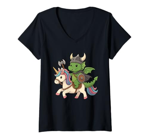 Damen Wikinger Drache reitet EIN Einhorn Jungen Mädchen Männer Frauen Kinder T-Shirt mit V-Ausschnitt Damen Wikinger Drache reitet EIN Einhorn Jungen Mädchen Männer Frauen Kinder T-Shirt mit V-Ausschnitt von Viking Dragon Riding A Unicorn Rainbow Shop