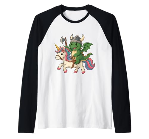 Wikinger Drache reitet EIN Einhorn Jungen Mädchen Männer Frauen Kinder Raglan von Viking Dragon Riding A Unicorn Rainbow Shop