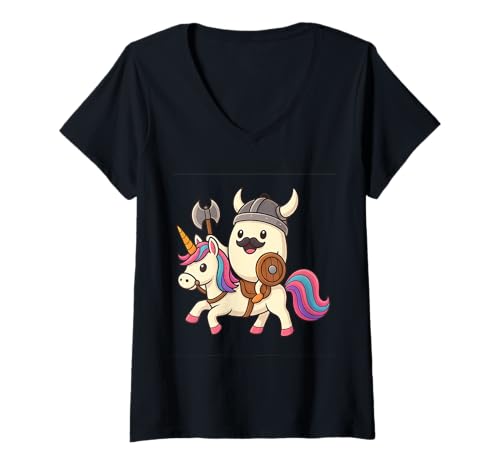 Damen Wikingerei reitet EIN Einhorn Jungen Mädchen Männer Frauen Kinder Erwachsene T-Shirt mit V-Ausschnitt von Viking Egg Riding A Unicorn Rainbow Shop