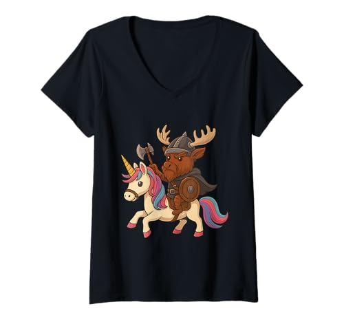 Damen Wikinger Elch reitet EIN Einhorn Jungen Mädchen Männer Frauen Kinder Erwachsene T-Shirt mit V-Ausschnitt von Viking Elk Riding A Unicorn Rainbow Shop