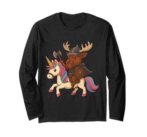 Wikinger Elch reitet EIN Einhorn Jungen Mädchen Männer Frauen Kinder Erwachsene Langarmshirt von Viking Elk Riding A Unicorn Rainbow Shop