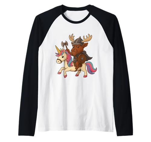 Wikinger Elch reitet EIN Einhorn Jungen Mädchen Männer Frauen Kinder Erwachsene Raglan von Viking Elk Riding A Unicorn Rainbow Shop