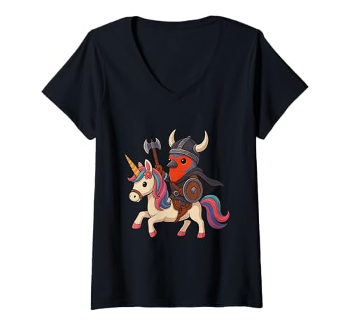 Damen Wikinger Finken reitet EIN Einhorn Jungen Mädchen Männer Frauen Kinder T-Shirt mit V-Ausschnitt von Viking Finch Riding A Unicorn Rainbow Shop