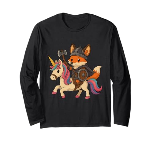 Wikinger Fuchs reitet EIN Einhorn Jungen Mädchen Männer Frauen Kinder Erwachsene Langarmshirt von Viking Fox Riding A Unicorn Rainbow Shop