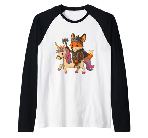 Wikinger Fuchs reitet EIN Einhorn Jungen Mädchen Männer Frauen Kinder Erwachsene Raglan von Viking Fox Riding A Unicorn Rainbow Shop