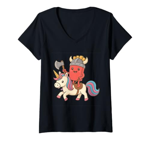 Damen Wikinger Pommes Reiten Einhorn, Jungen, Mädchen, Männer, Frauen, Kinder T-Shirt mit V-Ausschnitt von Viking Fries Riding A Unicorn Rainbow Shop