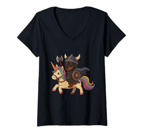 Damen Wikinger Deutscher Pinscher Reiten Einhorn Jungen Mädchen Männer Frauen T-Shirt mit V-Ausschnitt von Viking German pinscher Riding A Unicorn Shop