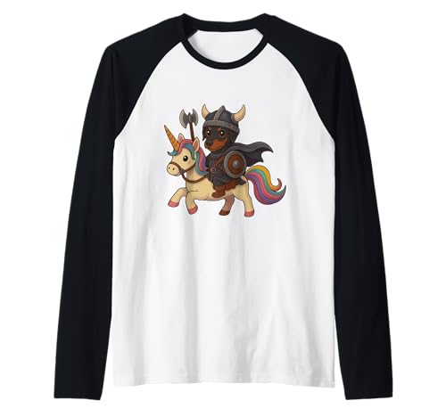 Wikinger Deutscher Pinscher Reiten Einhorn Jungen Mädchen Männer Frauen Raglan von Viking German pinscher Riding A Unicorn Shop