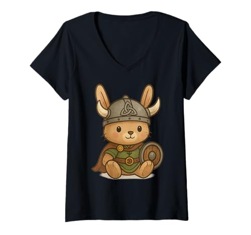 Damen Lustiger süßer Kaninchen Wikinger T-Shirt mit V-Ausschnitt von Viking Geschenke & Co.