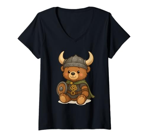 Damen Lustiger süßer Teddybär Viking T-Shirt mit V-Ausschnitt von Viking Geschenke & Co.
