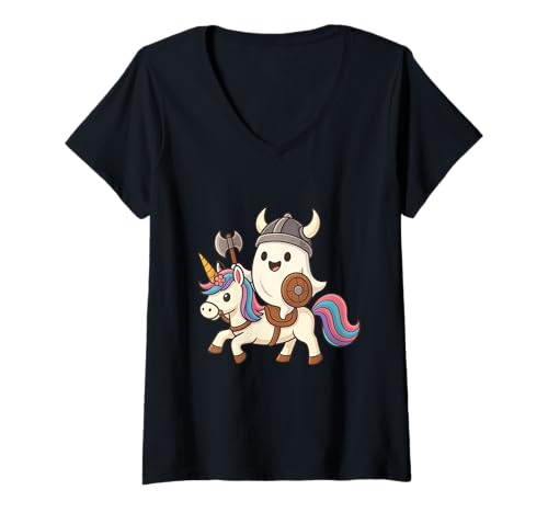 Damen Viking Ghost Riding A Unicorn Jungen Mädchen Herren Damen Kinder T-Shirt mit V-Ausschnitt von Viking Ghost Riding A Unicorn Rainbow Halloween