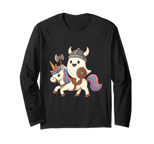 Viking Ghost Riding A Unicorn Jungen Mädchen Herren Damen Kinder Langarmshirt von Viking Ghost Riding A Unicorn Rainbow Halloween
