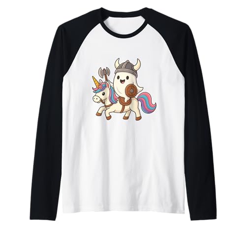 Viking Ghost Riding A Unicorn Jungen Mädchen Herren Damen Kinder Raglan von Viking Ghost Riding A Unicorn Rainbow Halloween
