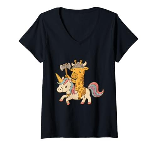 Damen Wikinger Giraffe reitet EIN Einhorn Jungen Mädchen Männer Frauen Kinder T-Shirt mit V-Ausschnitt von Viking Giraffe Riding A Unicorn Rainbow Shop