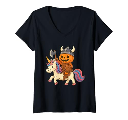Damen Wikinger Halloween Kürbis reitet EIN Einhorn Männer Frauen Kinder T-Shirt mit V-Ausschnitt von Viking Halloween Pumpkin Riding A Unicorn Rainbow