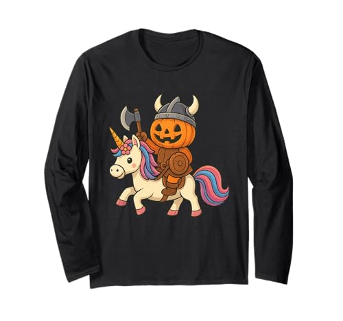 Wikinger Halloween Kürbis reitet EIN Einhorn Männer Frauen Kinder Langarmshirt von Viking Halloween Pumpkin Riding A Unicorn Rainbow