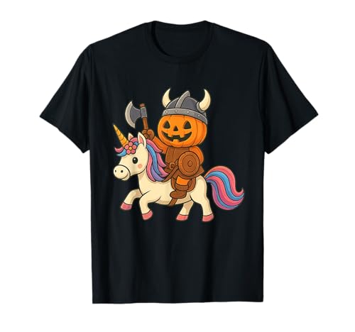 Wikinger Halloween Kürbis reitet EIN Einhorn Männer Frauen Kinder T-Shirt von Viking Halloween Pumpkin Riding A Unicorn Rainbow