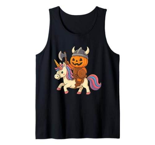 Wikinger Halloween Kürbis reitet EIN Einhorn Männer Frauen Kinder Tank Top von Viking Halloween Pumpkin Riding A Unicorn Rainbow