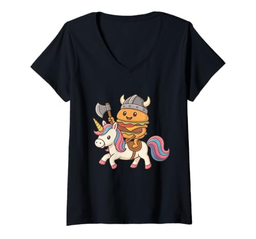 Damen Wikinger Hamburger reitet EIN Einhorn Jungen Mädchen Männer Frauen Kinder T-Shirt mit V-Ausschnitt von Viking Hamburger Riding A Unicorn Rainbow Shop