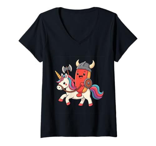 Damen Wikinger Hot Dog Reiten Einhorn, Jungen, Mädchen, Männer, Frauen, Kinder T-Shirt mit V-Ausschnitt von Viking Hot Dog Riding A Unicorn Rainbow Shop