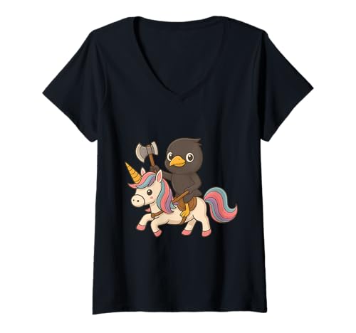 Damen Viking Mynah Bird Riding A Unicorn Jungen Mädchen Herren Damen Kinder T-Shirt mit V-Ausschnitt von Viking Mynah Bird Riding A Unicorn Rainbow Shop