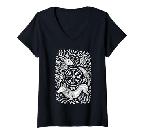 Damen Mystische nordische Volkskunst, Vegvisir-Kompass, heidnisch, nordisch T-Shirt mit V-Ausschnitt Damen Mystische nordische Volkskunst, Vegvisir-Kompass, heidnisch, nordisch T-Shirt mit V-Ausschnitt von Viking Nature Wiccan Spirit Folk-style Merch