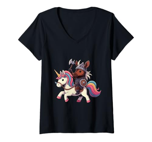 Damen Wikinger Okapi reitet EIN Einhorn Jungen Mädchen Männer Frauen Kinder T-Shirt mit V-Ausschnitt von Viking Okapi Riding A Unicorn Rainbow Shop