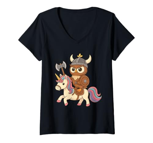 Damen Wikingereule reitet EIN Einhorn Jungen Mädchen Männer Frauen Kinder Erwachsene T-Shirt mit V-Ausschnitt von Viking Owl Riding A Unicorn Rainbow Shop
