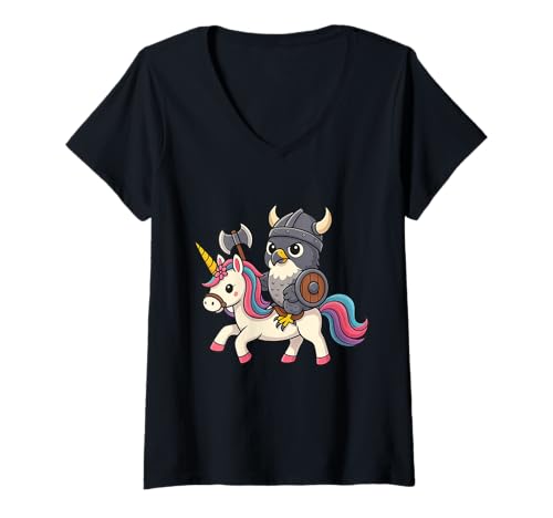Damen Wikinger Wanderfalke reitet EIN Einhorn Junge Mädchen Frauen Kind T-Shirt mit V-Ausschnitt von Viking Peregrine Falcon Riding A Unicorn Rainbow