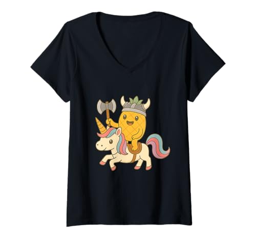 Damen Wikinger Ananas reitet EIN Einhorn Jungen Mädchen Männer Frauen Kinder T-Shirt mit V-Ausschnitt von Viking Pineapple Riding A Unicorn Rainbow Shop