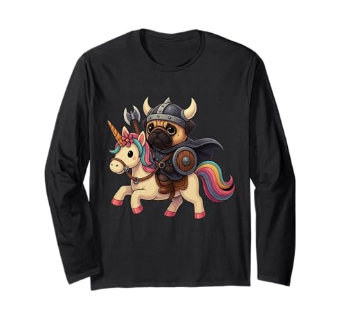 Wikinger Mops reitet EIN Einhorn Jungen Mädchen Männer Frauen Kinder Erwachsene Langarmshirt von Viking Pug Riding A Unicorn Rainbow Shop