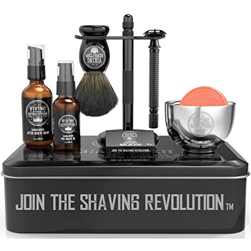 Viking Revolution - Luxus Rasierset Für Manner - Sicherheitsrasierer mit Doppelter Schneide, Ständer, Schale, After-Shave-Balsam, Pre-Shave-Öl, Dachs-Bürste, Rasierhobel Herren - Geschenke Für Männer von Viking Revolution