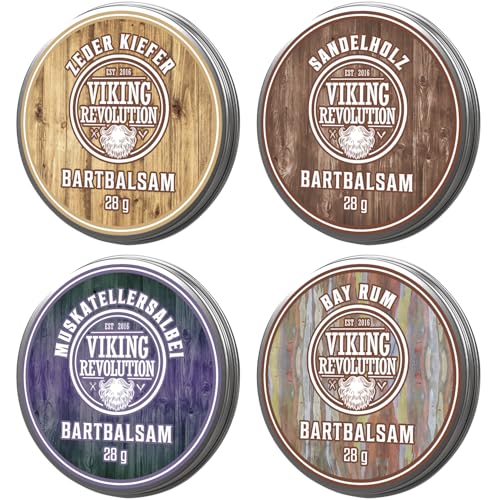 Viking Revolution - Bart Balsam 4er-Sortenpackung - Bartwachs - Stylt, Stärkt und Macht Weich - Sandelholz, Zeder & Kiefer, Bay Rum, Muskatellersalbei - Geschenke Für Männer - 4 x 28g von Viking Revolution
