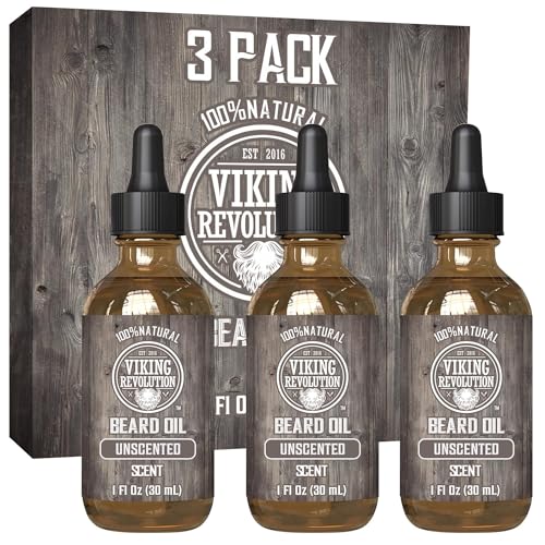 Viking Revolution Unscented Beard Oil for Men - Natural Mens Beard Oil with Argan Oil and Jojoba Oil - Beard Softener, Strengthens and Moisturizes - Beard Conditioner for Men (Unscented, 3 Pack) von Viking Revolution