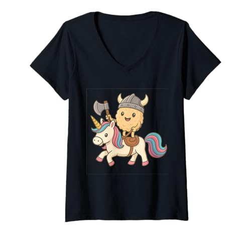 Damen Wikinger Reisball reitet EIN Einhorn Jungen Mädchen Männer Frauen Kinder T-Shirt mit V-Ausschnitt von Viking Rice Ball Riding A Unicorn Rainbow Shop