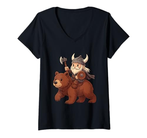 Damen Wikinger reitet einen Bär Jungen Mädchen Männer Frauen Kinder Erwachsene T-Shirt mit V-Ausschnitt von Viking Riding A Bear Rainbow Shop