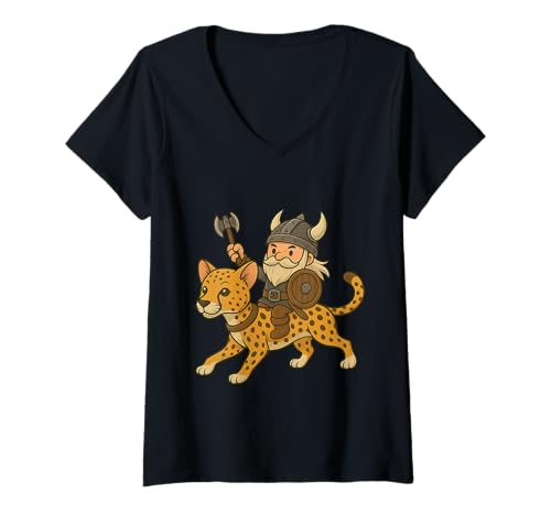 Damen Wikinger reitet einen Gepard Jungen Mädchen Männer Frauen Kinder Erwachsene T-Shirt mit V-Ausschnitt von Viking Riding A Cheetah Rainbow Shop