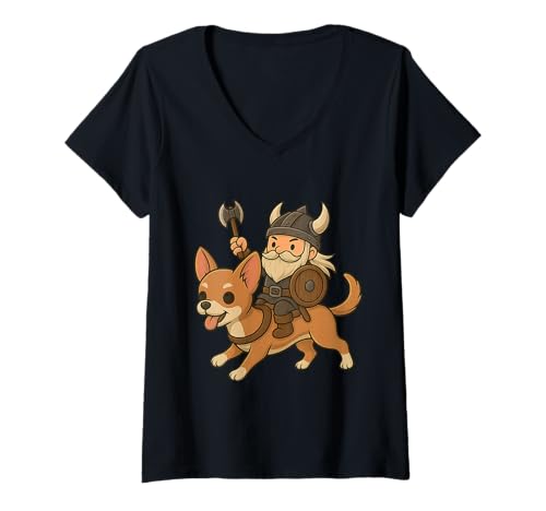 Damen Wikinger reiten Chihuahua Jungen Mädchen Männer Frauen Kinder Erwachsene T-Shirt mit V-Ausschnitt von Viking Riding A Chihuahua Rainbow Shop