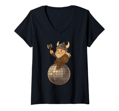 Damen Wikinger Reiten Discoball Jungen Mädchen Männer Frauen Kinder Erwachsene T-Shirt mit V-Ausschnitt von Viking Riding A Disco Ball Rainbow Shop
