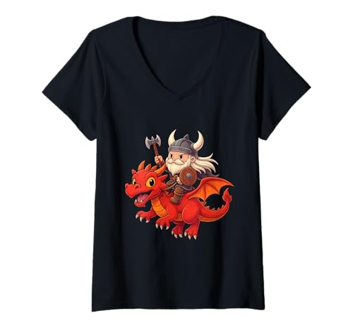 Damen Wikinger reitet einen Drachen Jungen Mädchen Männer Frauen Kinder Erwachsene T-Shirt mit V-Ausschnitt von Viking Riding A Dragon Rainbow Shop