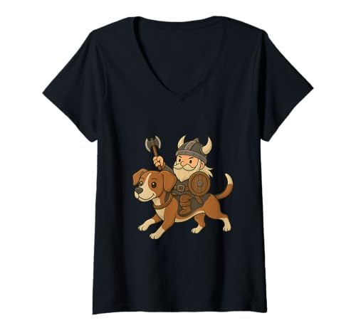 Damen Wikinger reitet einen Fuchshund Hund Jungen Mädchen Männer Frauen Kinder Erwachsene T-Shirt mit V-Ausschnitt von Viking Riding A Foxhound Dog Rainbow Shop