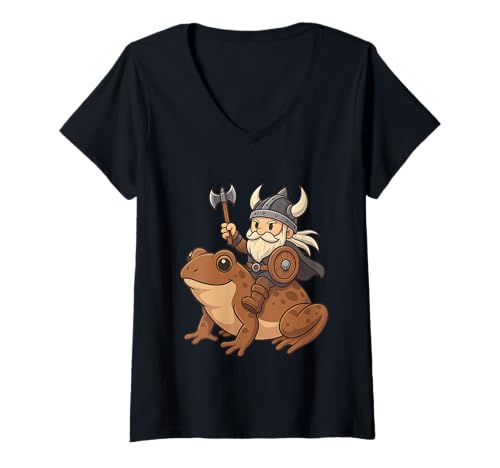 Damen Wikinger reitet einen Frosch Jungen Mädchen Männer Frauen Kinder Erwachsene T-Shirt mit V-Ausschnitt von Viking Riding A Frog Rainbow Shop