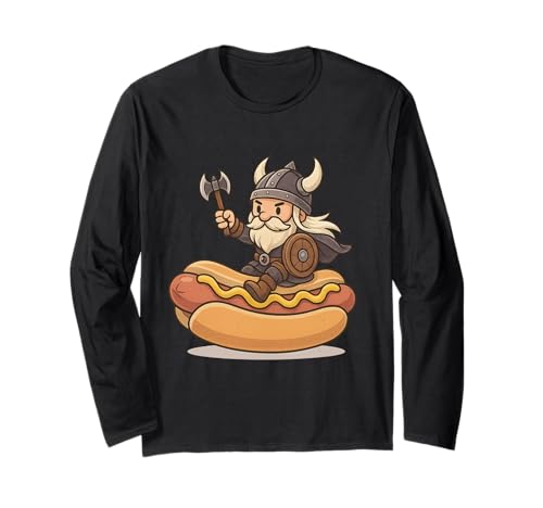Wikinger reitet einen Hot Dog, Mädchen, Männer, Frauen, Kinder, Teenager, Erwachsene Langarmshirt von Viking Riding A Hot Dog Rainbow Shop