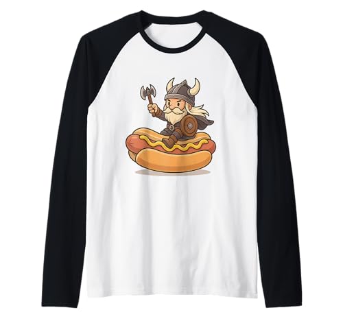 Wikinger reitet einen Hot Dog, Mädchen, Männer, Frauen, Kinder, Teenager, Erwachsene Raglan von Viking Riding A Hot Dog Rainbow Shop